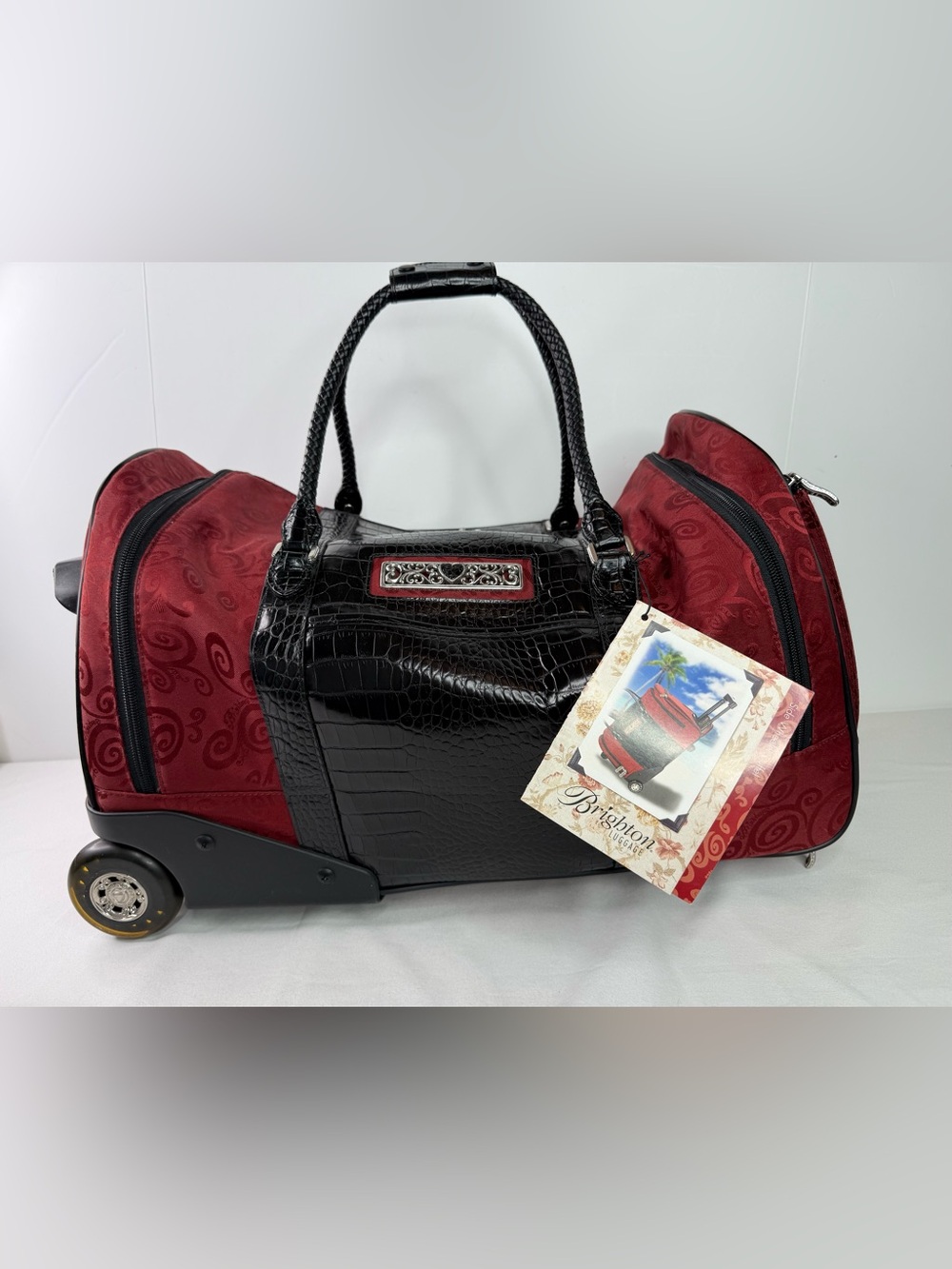 Brighton Side Wheeler Duffel Red Logo Fabric Black Croc-Textured Trim MSRP $375